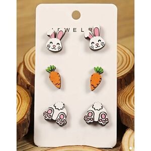 NEW 3 Pairs Of Easter Rabbits Carrots Wooden Stud Earrings